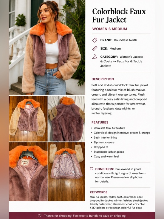 Boundless North Jackets & Blazers - Colorblock Faux Fur Jacket Women’s Medium Plush Cropped Statement Coat